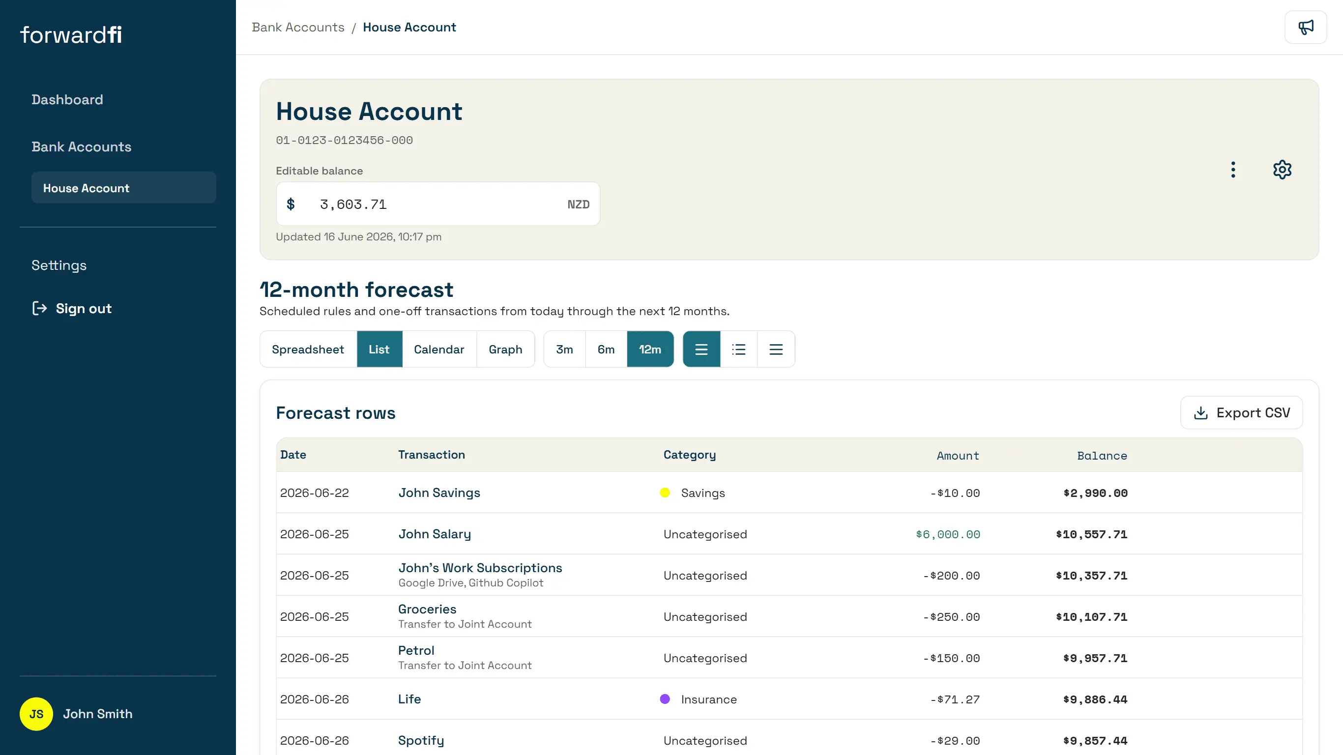 MintStint bank account view showing cash received and business expenses