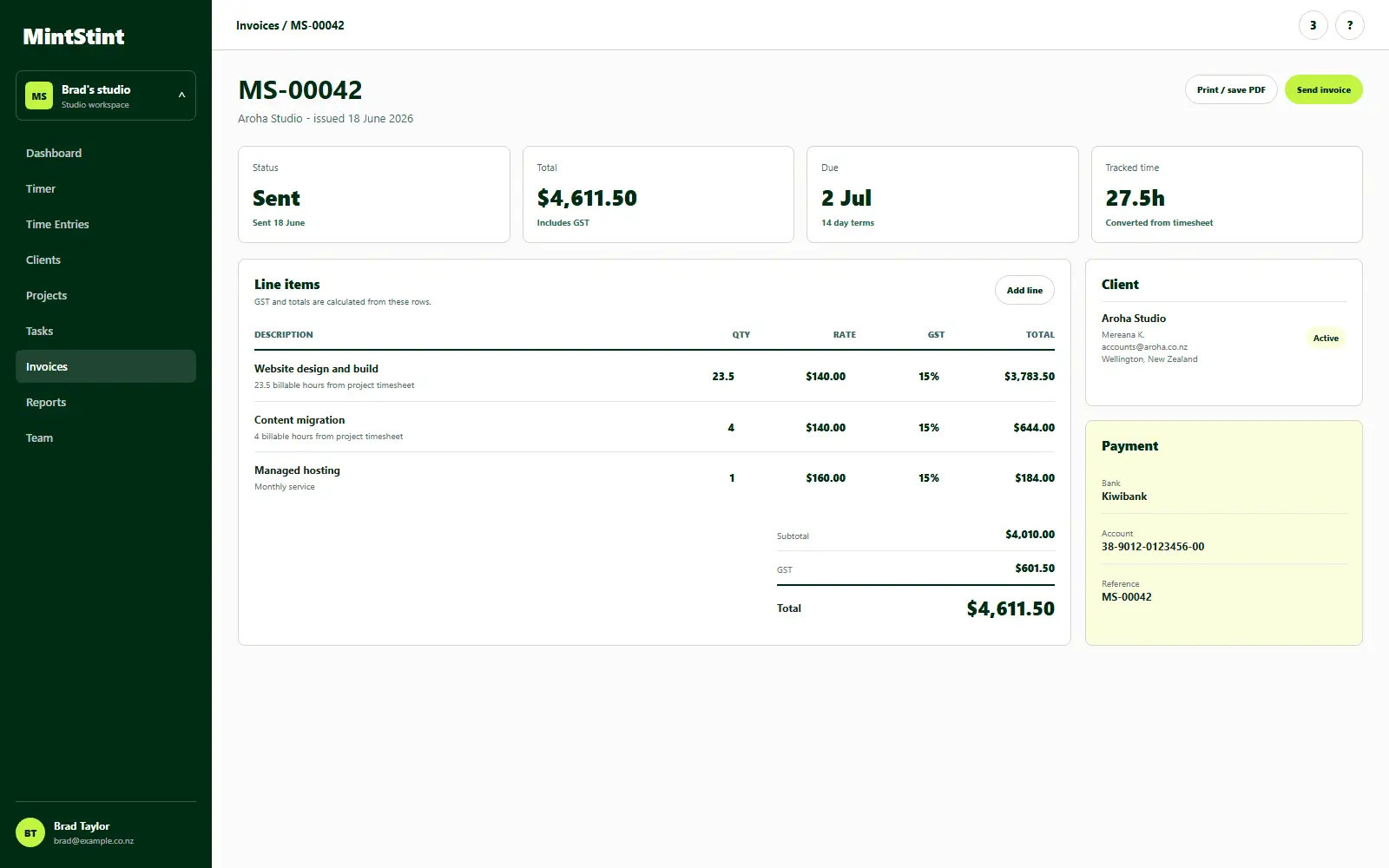 MintStint invoice workspace showing GST totals and payment details